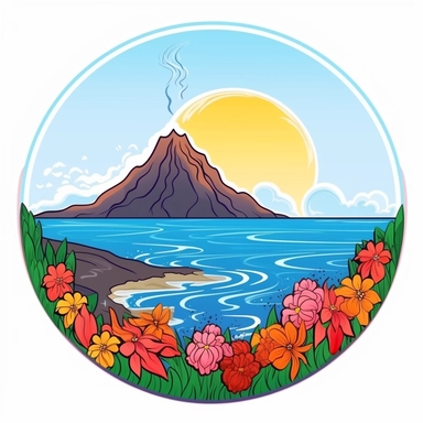 Sticker, clipart, bright colors, Brush painted volcano with tulip flower inside and coastline beneath ,contour, vector, white background, white outline, circle frame.