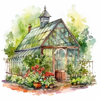 watercolor, garden greenhouse, clipart