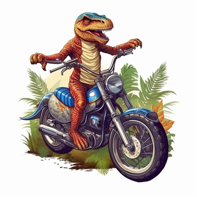 Create a clipart of a cute velociraptor in a leather jacket riding a vintage motorcycle. Strong and aggressive colors. Jungle trees before a White Background, soft lighting.