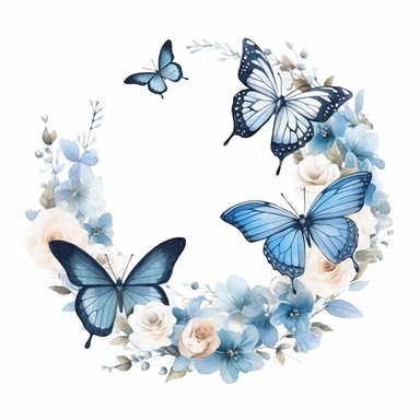 frosty white butterfly clipart with flower border, white background, watercolor, vector