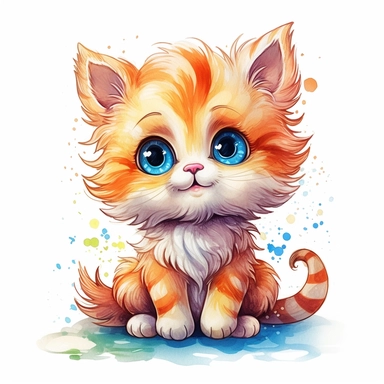 a whimsical cute fluffy baby cat cartoon clipart on white background with margins, watercolor, icon, sticker art