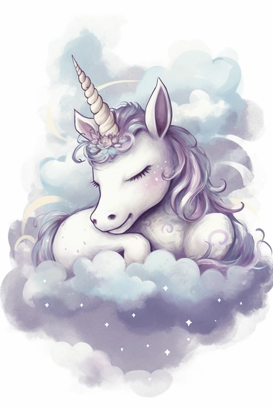 A clipart style nursery wash painting of a unicorn with a purple mane sleeping on a bed of clouds, with a diamond horn and a happy expression on its face. The unicorn's body is a soft white color, and the clouds in the background are a light blue. The painting has a dreamy and whimsical feel, with a touch of magic. The brushstrokes are loose and fluid, giving the painting a soft and ethereal quality. The overall effect is one of peace and tranquility, perfect for a child's bedroom., Watercolor o