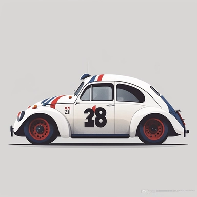 minimalist clipart of a Vw beetle race car , flat design, digital art, white background - Upscaled by <@1021281452953976843> (fast)