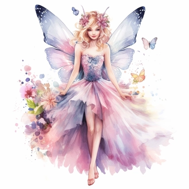 a fairytale style overrealistic beautiful fairy princess with watercolor effect,full body,fairy crown,magical scene,fairy flowers,fairy colors,suitable for digital clipart,white background