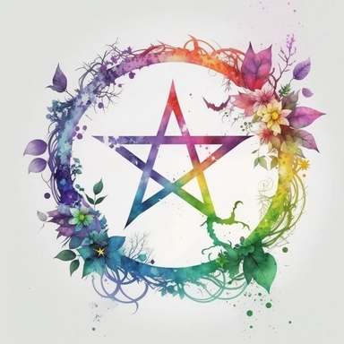 watercolor white background, no text, high resolution, in the center of a circular frame, a floral pentagram clipart ideas, colorfull, bright colors
