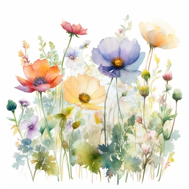 Watercolor Dreamy Wild Flowers Clipart, April Flowers, Bright Flowers, White Background, no caption, by Hiroko Koshino