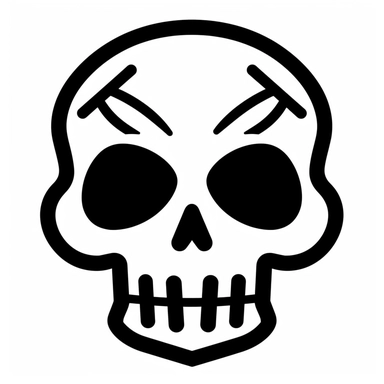 black and white silhouette of a cartoon skull and crossbone icon, clipart style, white background, thick lines, vector, simple design, flat colour, solid colour