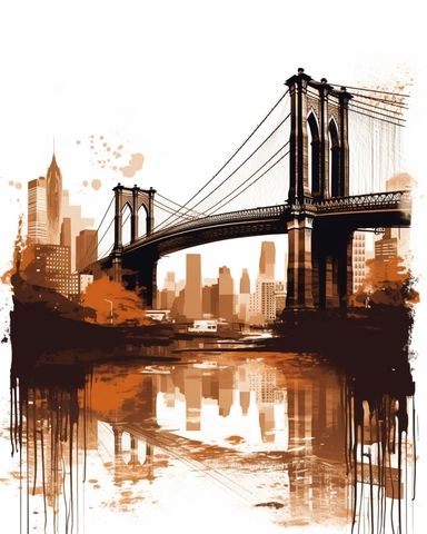 promotional print for the city of New York depicting the essence of the USA soul, The Brooklyn Bridge inspirational mood, dreamlike and surrealist interpretation, inspired by line art in brown color, clipart, on white background