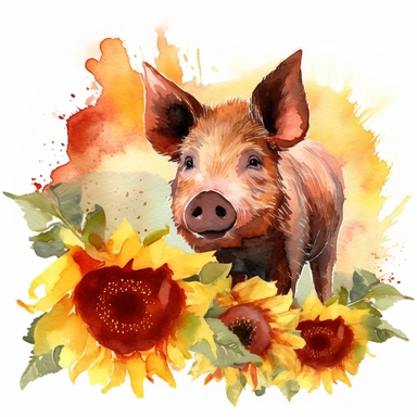 a watercolor of a hog and a sunflower , cherry academy style, cherry red nuances, vector free clipart illustration, in the style of unreal engine 5, 32k uhd, detailed features, white background