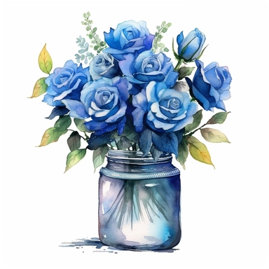 A watercolor painting of blue roses in a jar, in the style of nostalgic illustration, graceful, illustration, transparent layers, elegant, emotive faces Sublimation Clipart,hyper realistic, intricate detail, illustration style,high solution,on the white background