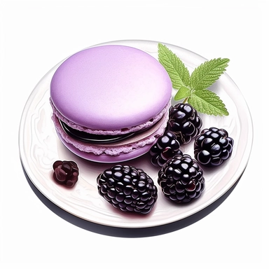 incredible detailed acrylic art macaron with blackberries on a white plate clipart, hyperrealism, clear picture in high resolution, highlights , white background, appetizing, clear and contrast image, reflections, very detailed drawing,, menu illustration, realism, high quality, lighting like in a photo studio, advertising, hd