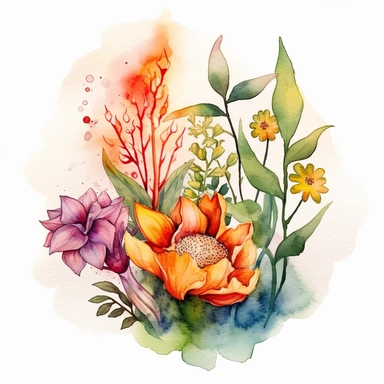 Explore the connection between nature and the elements. Design a watercolor clipart piece that combines flowers with elements like fire, water, air, and earth, depicting a harmonious fusion of natural forces.