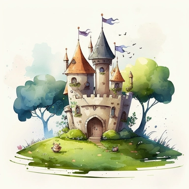 children's book illustration of a cute medieval castle, smooth watercolor details, in the style of Pixar, superb color, outline, nursery art, popular on pinterest, clipart, trending on artstation, minimalist, flat design, white background, insane deails, intricate details