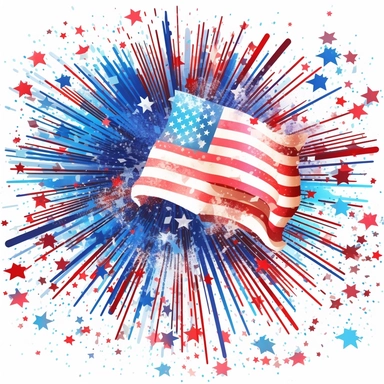 clipart of 4th of july, fireworks, grill, flag. blue, red and white colors