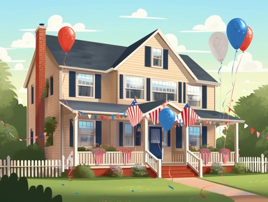 A festive clipart of a suburban house decked out in American flag bunting and decorations for Independence Day.