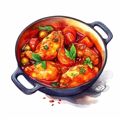 Pollo alla Cacciatora: Chicken braised in a tomato and vegetable sauce, watercolor clipart illustration, flat blank transparent background, food photography, soft cinematic lights, juicy, bright, high quality, ultra detailed, 32k