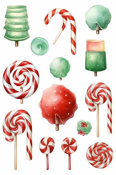 watercolour of a variety of Christmas Candies. Red and Green Gumdrops, Candy Canes, Peppermints, ribbon candy, clipart variations, simple, vector, 8k