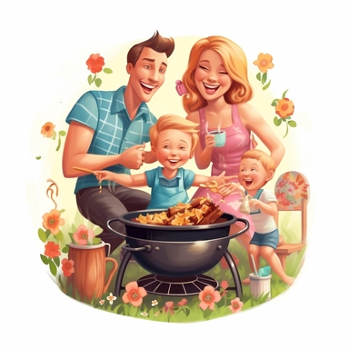 Capture a charming commercial moment with a beautifully detailed, ultra-realistic illustration of a lovable [happy family in his barbecue eating ] dancing people over a pot of nice flowers, backgroundof a nice and floral farm, creating an endearing scene ideal for nursery-style clipart and baby room décor. Isolated on a clean white background, this highly-detailed, award-winning artwork