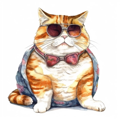 watercolor cozy watercolor clipart artwork of fat cat with sunglasses, hd white background