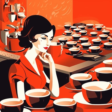 Modern, beautiful, stunning clip-art. Countless cups of coffee, female worker (23) at desk.