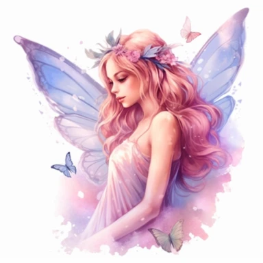Create a charming clipart of a delicate and glowing fairy, portrayed realistically with a watercolor style. The fairy should emanate a bright aura, with celestial wings and a serene expression on her face. The background should be plain and highly contrasted, to emphasize the fairy's ethereal beauty. Use your artistic skills to make sure the fairy shines and stands out, with every detail carefully crafted to make the clipart a magical piece of art.