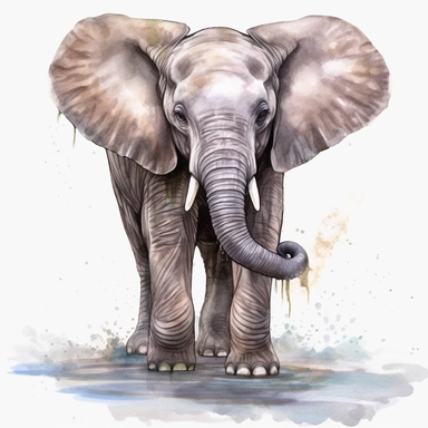 a baby grey African elephant, stood sideways to the camera looking right, shooting water from its trunk, watercolour painting transparent background png clipart