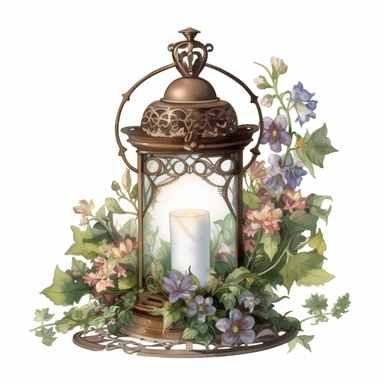 water color, one, 1, old Victorian candle holder covered in vines and flowers, late night, in a cottagecore style, white background, clipart style