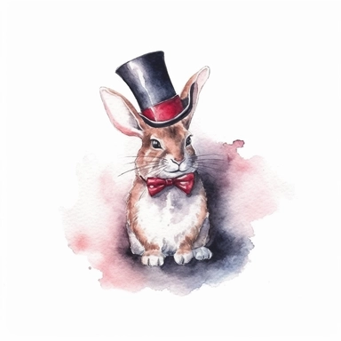 hand drawn vintage circus magic act pulling a bunny out of a top hat, glamorous, soft, detailed and realistic, watercolor, clipart style, white background with margins