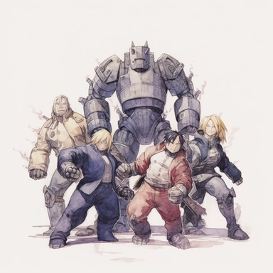 Watercolor fullmetal alchemist brotherhood, multiple poses, separate elements, high quality, high details, pencil draw style, white background, clipart, 8k, f1