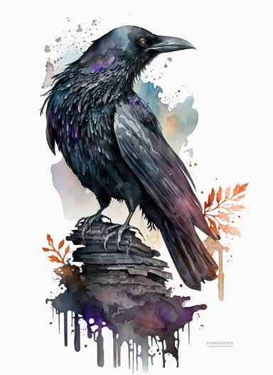 Cute horror gothic raven detailed, watercolor by Thomas w. schaller, clipart, solid background, black color sheme, hd