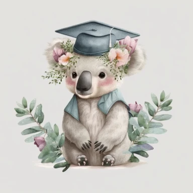 a cute little watercolour Koala Bear kindergarten graduate, nursery graduation, graduation hat, graduation celebration, wearing a graduation hat, pink flowers, Clipart, isolated white background
