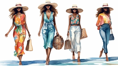 Visualize watercolor clip art illustration of a fashionable African American woman, wearing different outfits, each embracing their unique sense of style, wearing a designer beach hat, wearing a gucci belt, with a designer beach bag walking on the beach in Positano, Italy. isolated on a clean white background, allowing it to be easily incorporated into various design projects or visual presentations. no shadow, shot on 70mm lens, Canon camera, 8k, spaced out, stylize 1000,