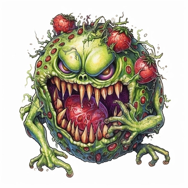 zombie fruit, cartoon, colored pencils, white background, black outline, Clipart extremely detailed