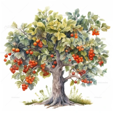 watercolor, hyper realistic, white background with margins, 8k, ultra detailed clipart, A whimsical mulberry tree, with leaves shaped like tiny, magical keys, bright reds and oranges to white