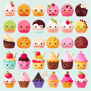 beautiful tiny happy face kawaii desserts, clipart collection, no background, many tiny