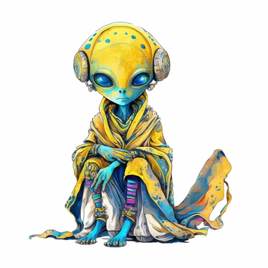 Illustration in boho style, clipart, sublimation picture Alien in yellow-blue color. Bright colorful colors. White empty background, high quality 8k, quality detail