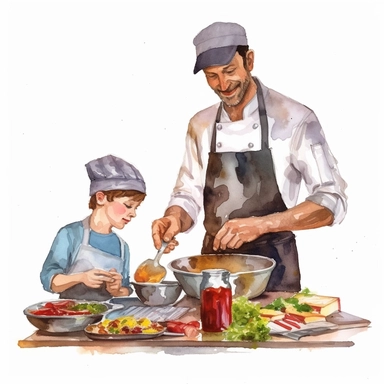 A father and son cooking together in the kitchen, wearing chef hats and aprons, Watercolor, Clipart, detailed, high resolution, transparent background PNG