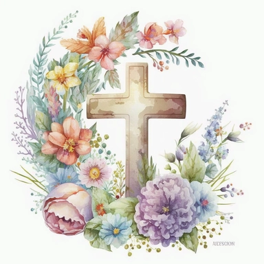 watercolor Easter Cross, flowers, Easter element clipart, on white background