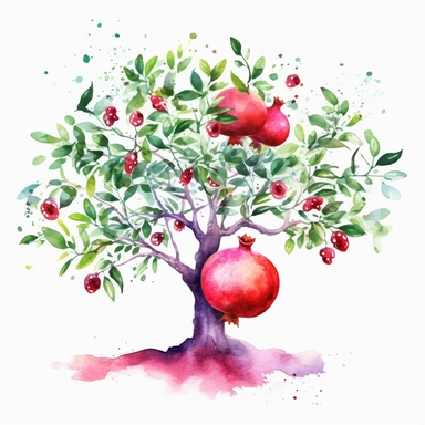 one tree pomegranate watercolor clipart on a white background, in the style of illustrated advertisements, green and light magenta, realistic portrait drawings, grocery art, creative commons attribution, storybook illustrations , no watermark, text, words, paintbrush, 300 DPI , typography, the images do not stick together, no text in the picture, there are no words in the tree