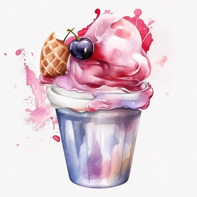 watercolor ice cream in a cup, very detailed, clipart, modern style, white background, 8k