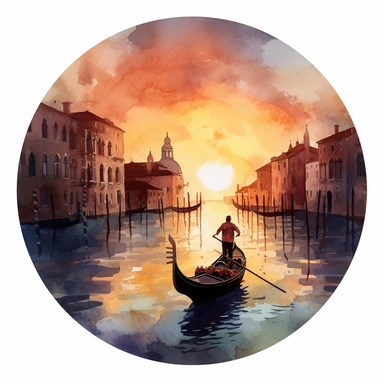 venetian gondola on a Canal in Venice while sunset, mostly round watercolor clipart, in the style of charming illustrations, meticulous design, painted illustrations, ferrania p30, multilayered realism, sharp details, rich details, free brushwork, using a palette of pastel shades, isolated white background