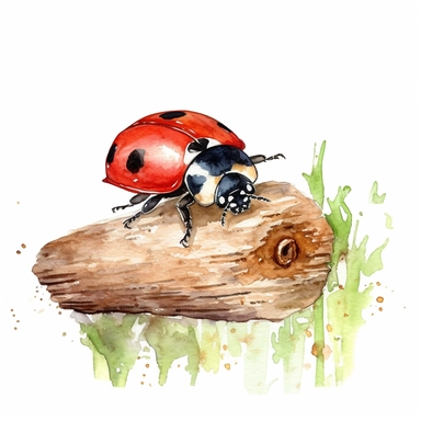 one cute lady bug climbing on a decoration (it can be farm rustic decor or vintage decor or garden decor), clip art, water color style, white background, no text or words