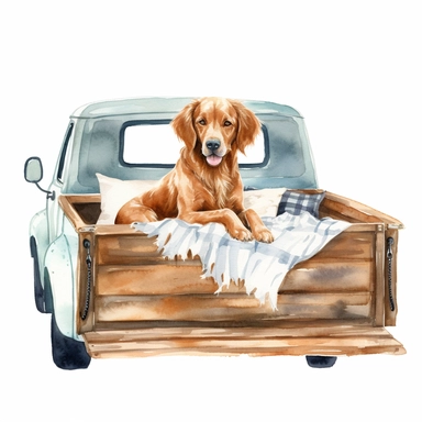 dog in the bed of a truck watercolor clipart single design, 8k