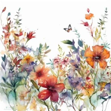 A captivating watercolor floral border clipart, replete with a riot of wildflowers, comes alive against a pristine white background, reminiscent of the loose, expressive style of English artist Helen Wells. The border is a garden of delicate blooms in a symphony of colors, its undulating pattern adding an air of romance, perfect for a wedding theme. The color temperature is a mix of warm and cool tones, echoing the diverse colors of wildflowers. No facial expressions are present, yet each flower