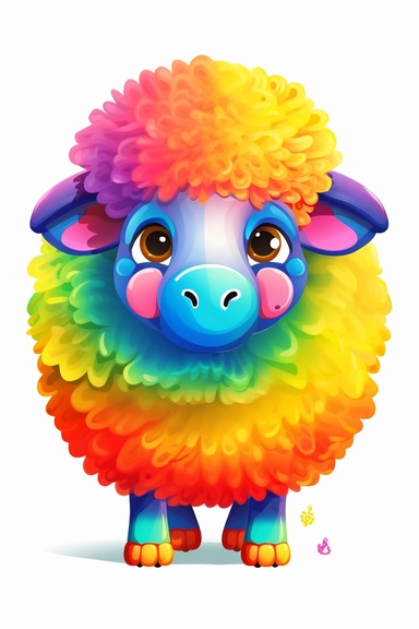 Rainbow sheep, very vibrant colors, cartoon style, white background, clipart, colorful, HD