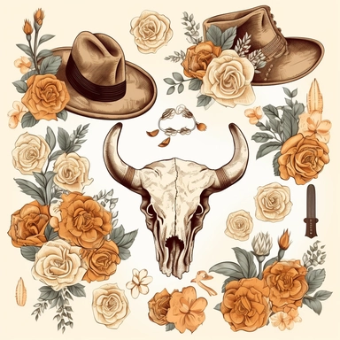 clipart, vector, country western, boots, cowgirl hats, lasso’s, bull skulls, include flowers on each element, separate each element so they can be incorporated into other designs, white background