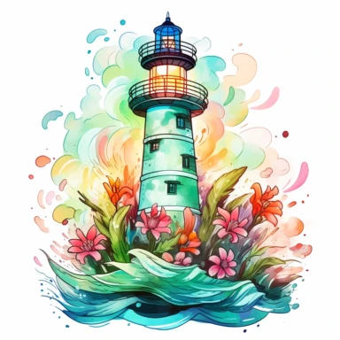 clipart white background of lighthouse, fantasy flowers splash, vintage t-shirt design, in the style of Studio Ghibli, white and green flora pastel tetradic colors, 3D vector art, cute and quirky, fantasy art, watercolor effect, bokeh, Adobe Illustrator, hand-drawn, digital painting, low-poly, soft lighting, bird's-eye view, isometric style, retro aesthetic, focused on the character, 4K resolution, photorealistic rendering, using Cinema 4D