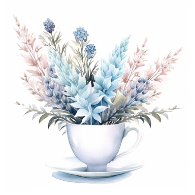 {pastel blue, light blue, soft blue, pale blue} Foxtail bouquet in tea-cup, wet on dry watercolour style, clipart, white background
