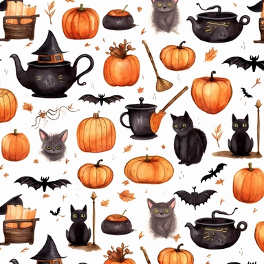 A pattern of halloween clipart on a white background, spooky, bats, cauldron, broom, black cat, pumpkin