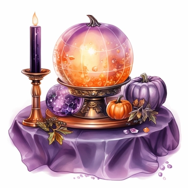 hand drawn glowing crystal ball sitting on a table with crystals, tarot cards, a wand, candles and a pumpkin, Halloween, purple and orange shades,fantasy, glamorous, , clipart style, detailed and realistic, watercolor, white background with margins